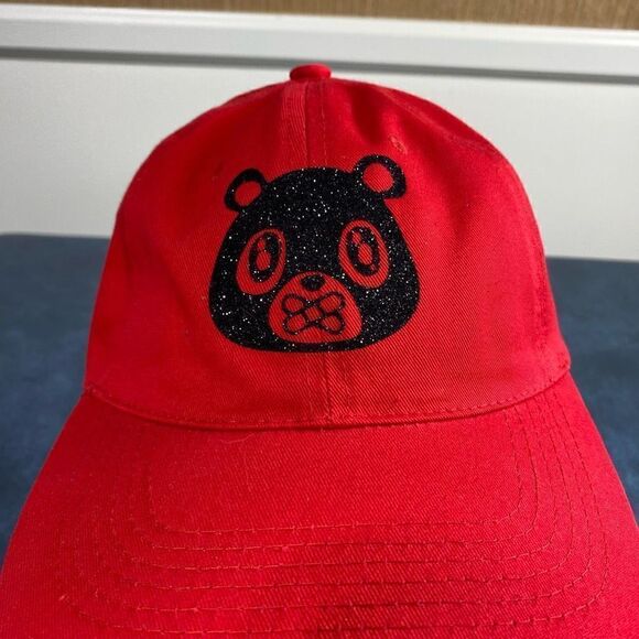 OWNYC Women's Cotton Black Glitter Bear Strapback Dad Hat Red One Size - Picture 5 of 7